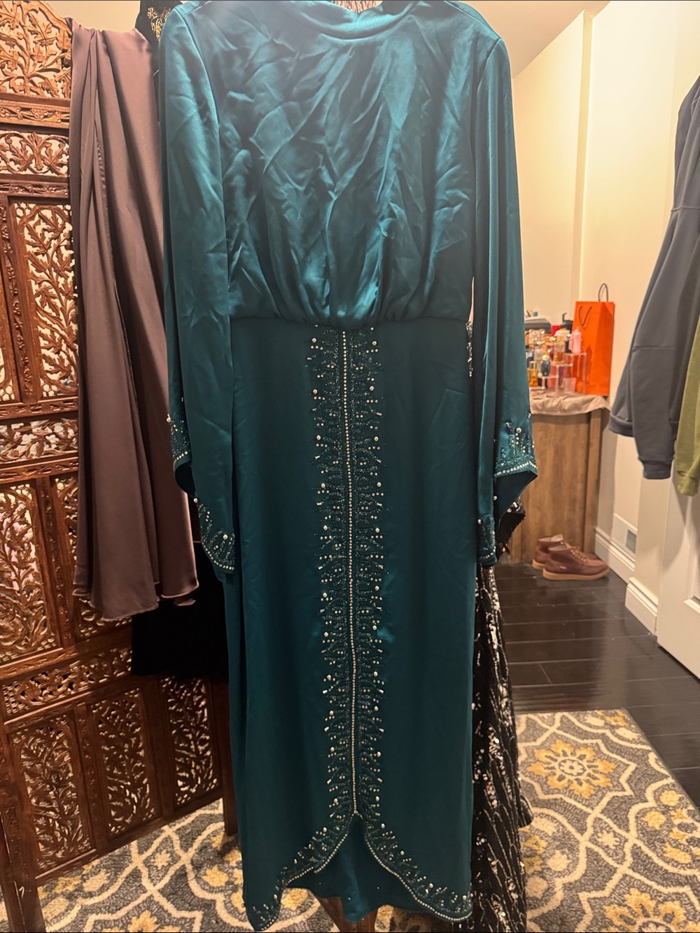 Emerald Green Beaded Long Sleeve Evening Dress